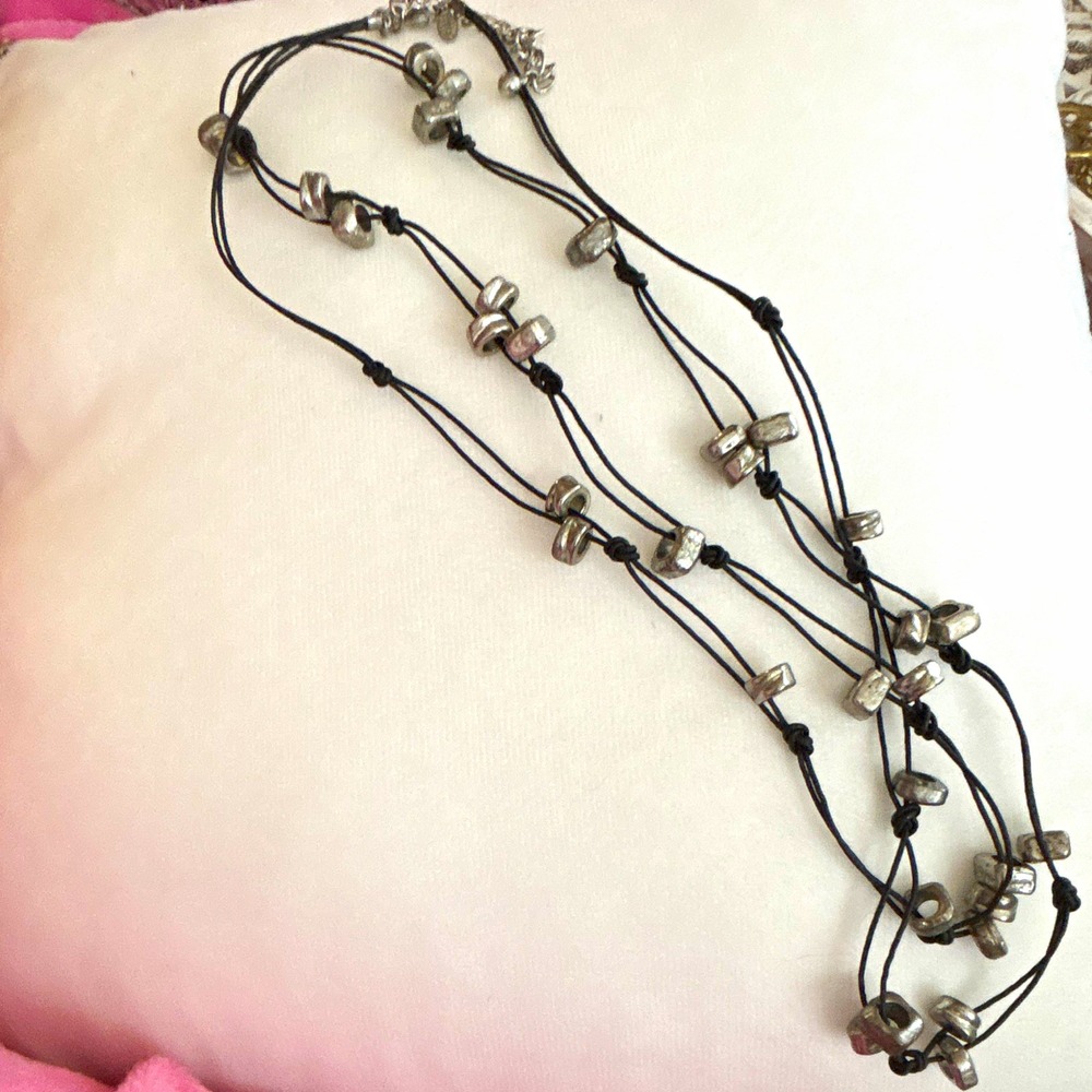 Chicos Long Multi Strand Cord Necklace Silver Tone Organic Bead Knotted Black